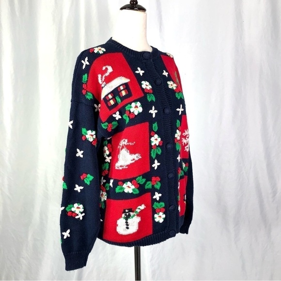 Vintage early 90s Christmas sweater intarsia embroidered navy red white scenic M - Picture 2 of 10